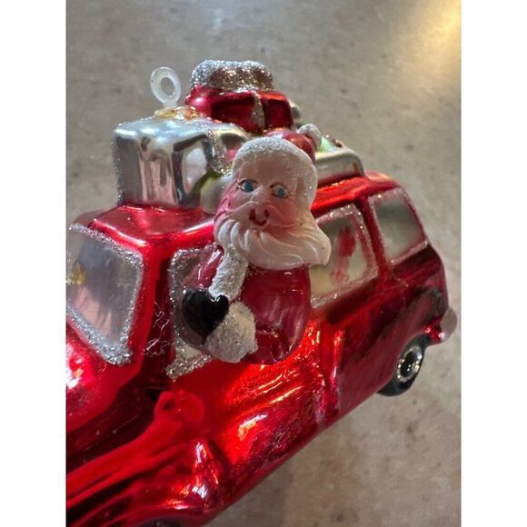 Santa Clause in Red Station Wagon Glass Handblown Ornament - Picture 10 of 10